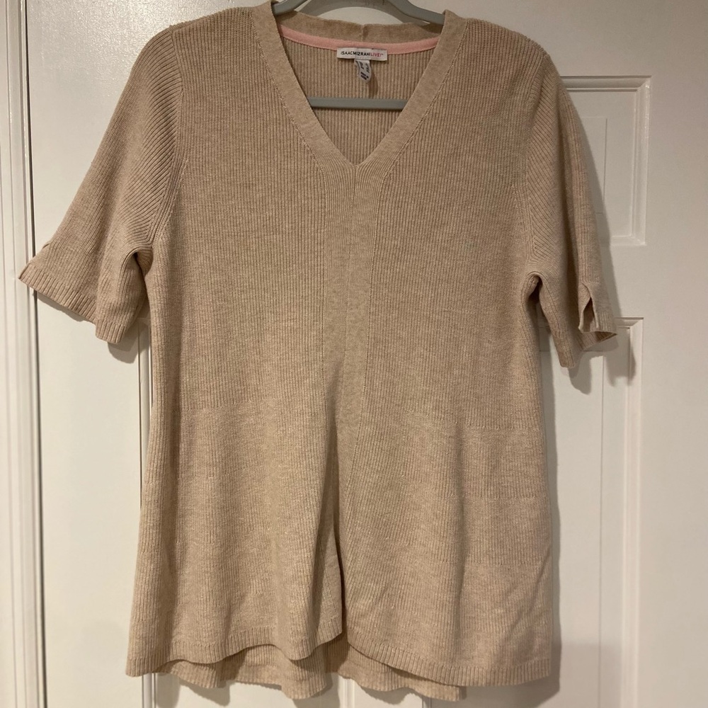 Isaac Mizrahi Live! Beige Knit Short Sleeve Sweater Top – Size L